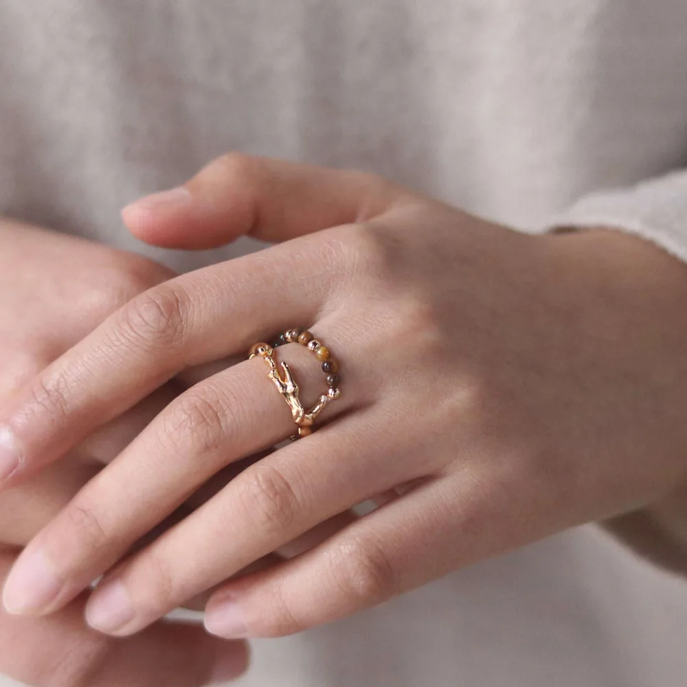 Aria Tigers Eye Beaded Ring – Waterproof 18k Gold Plated