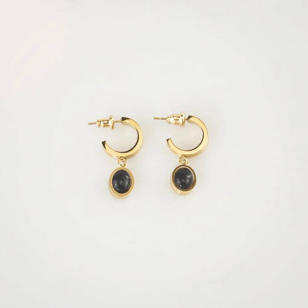 Black Onyx Drop Hoop Earrings - Hypoallergenic 316L