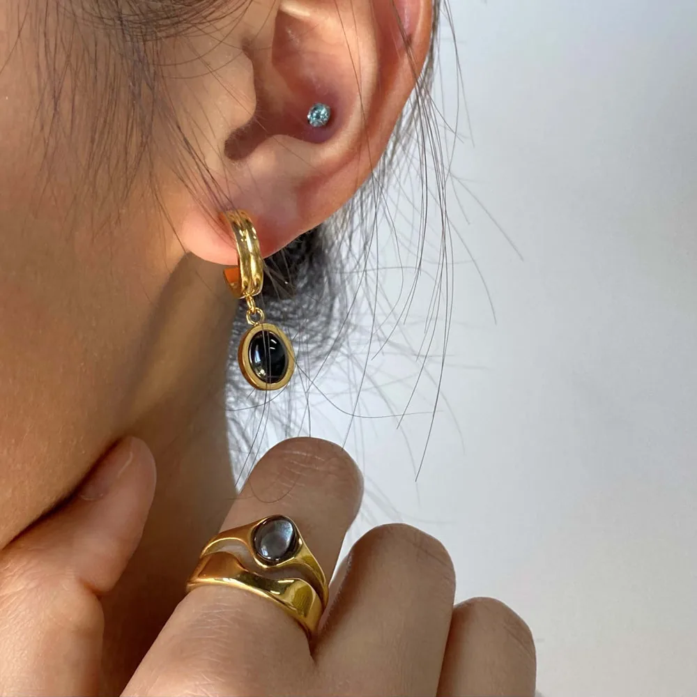 Black Onyx Drop Hoop Earrings - Hypoallergenic 316L