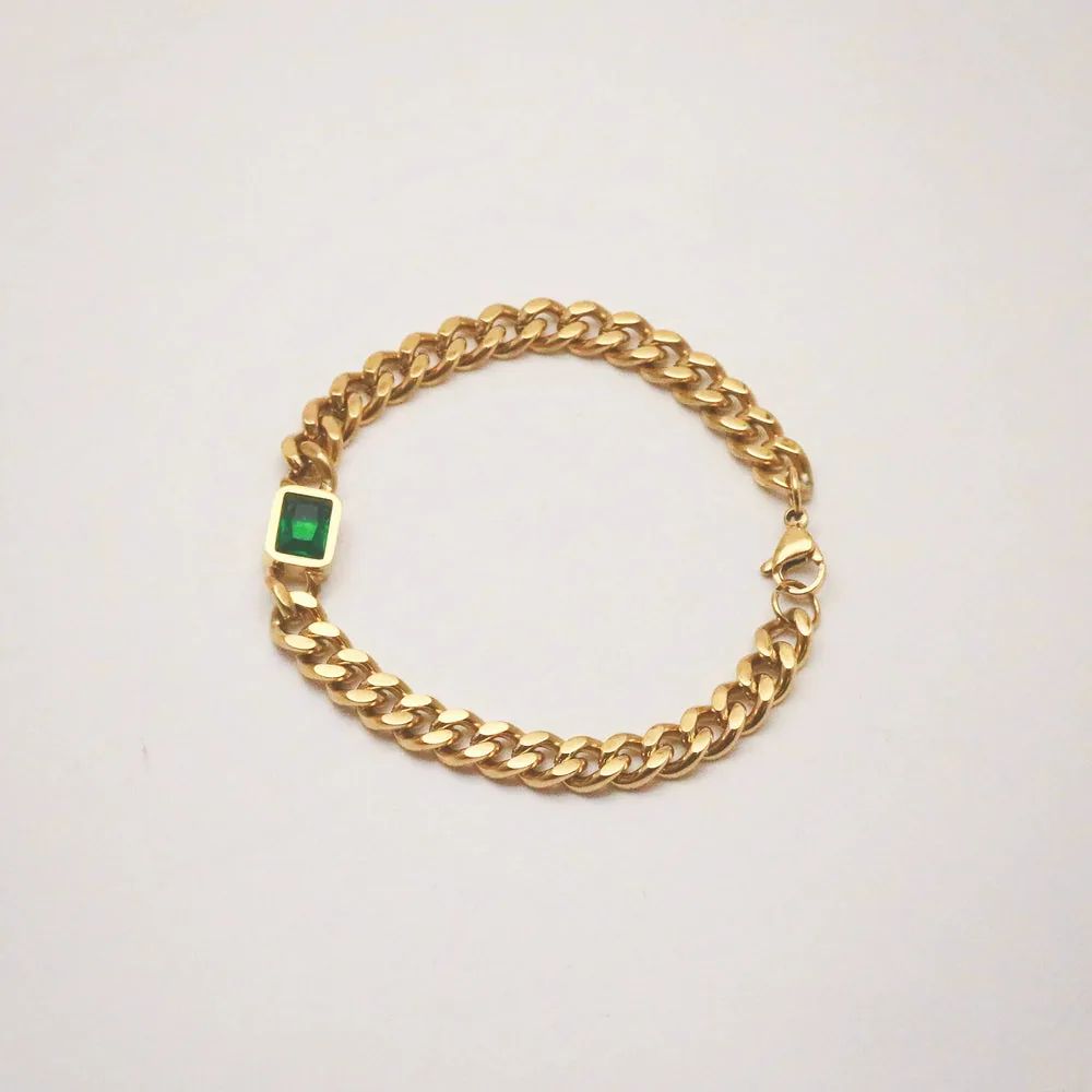 Emerald Gem Curb Chain Bracelet – Waterproof 18k Gold