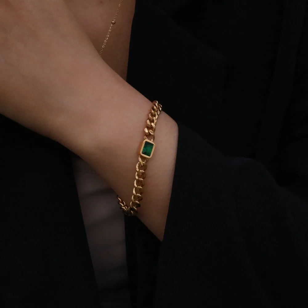Emerald Gem Curb Chain Bracelet – Waterproof 18k Gold