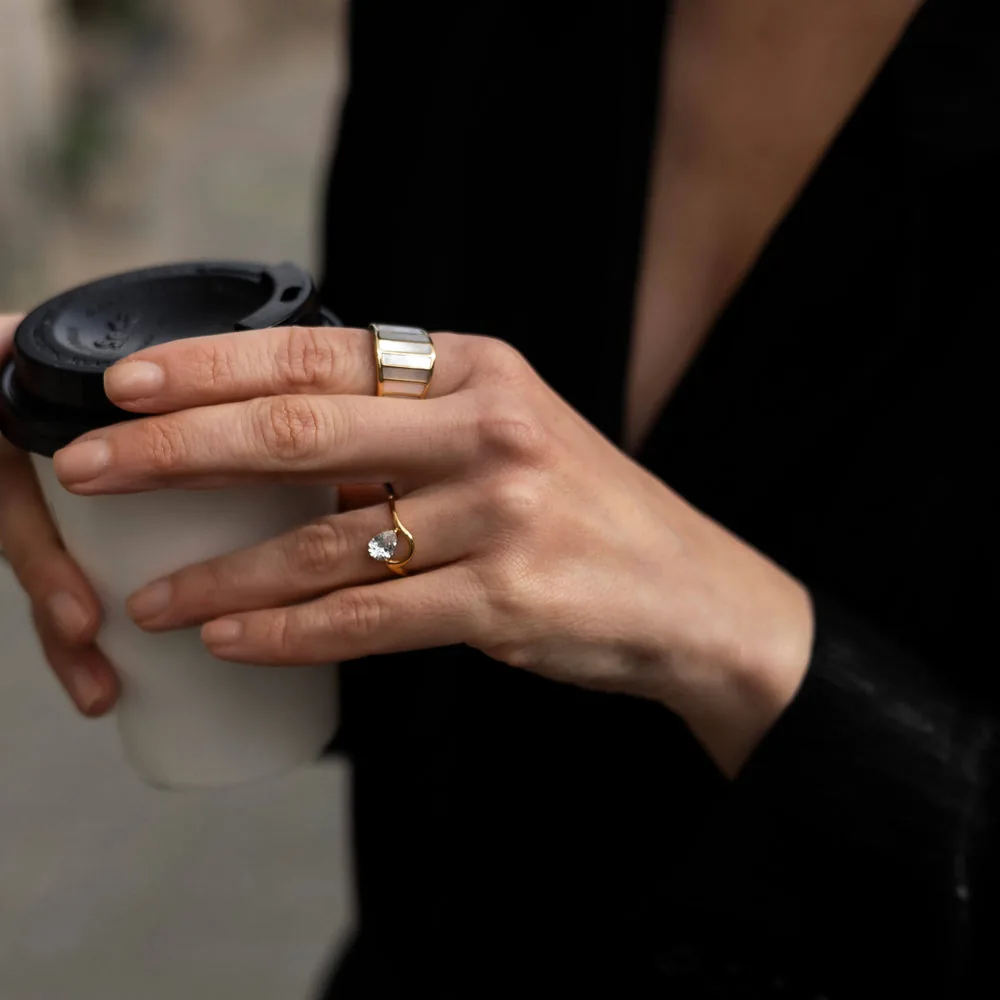 Gold Plated Striped Mother of Pearl Ring | Stylr