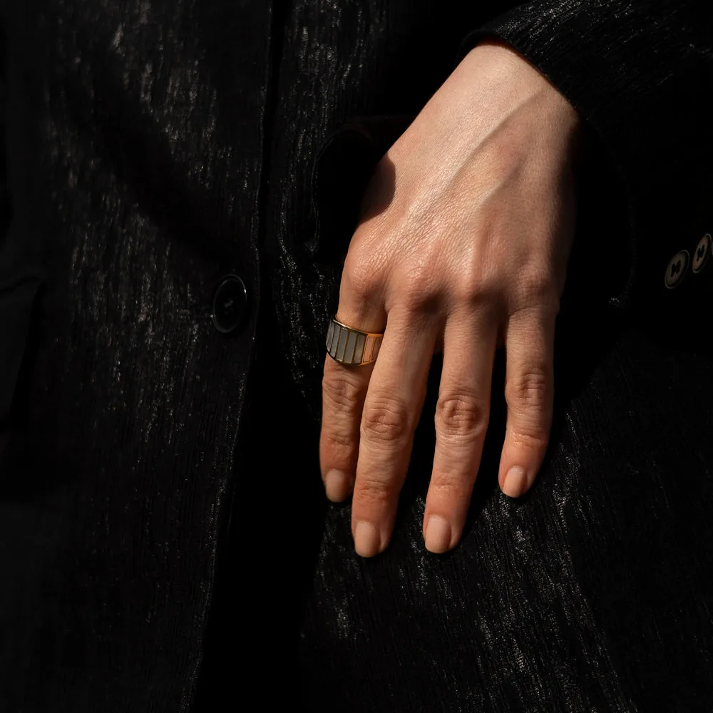 Gold Plated Striped Mother of Pearl Ring | Stylr