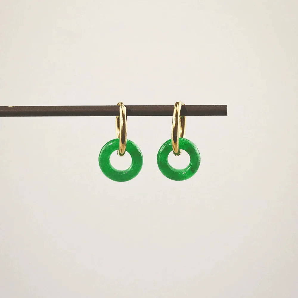 Green Jade Donut Hoop Earrings - Waterproof & Tarnish-Free