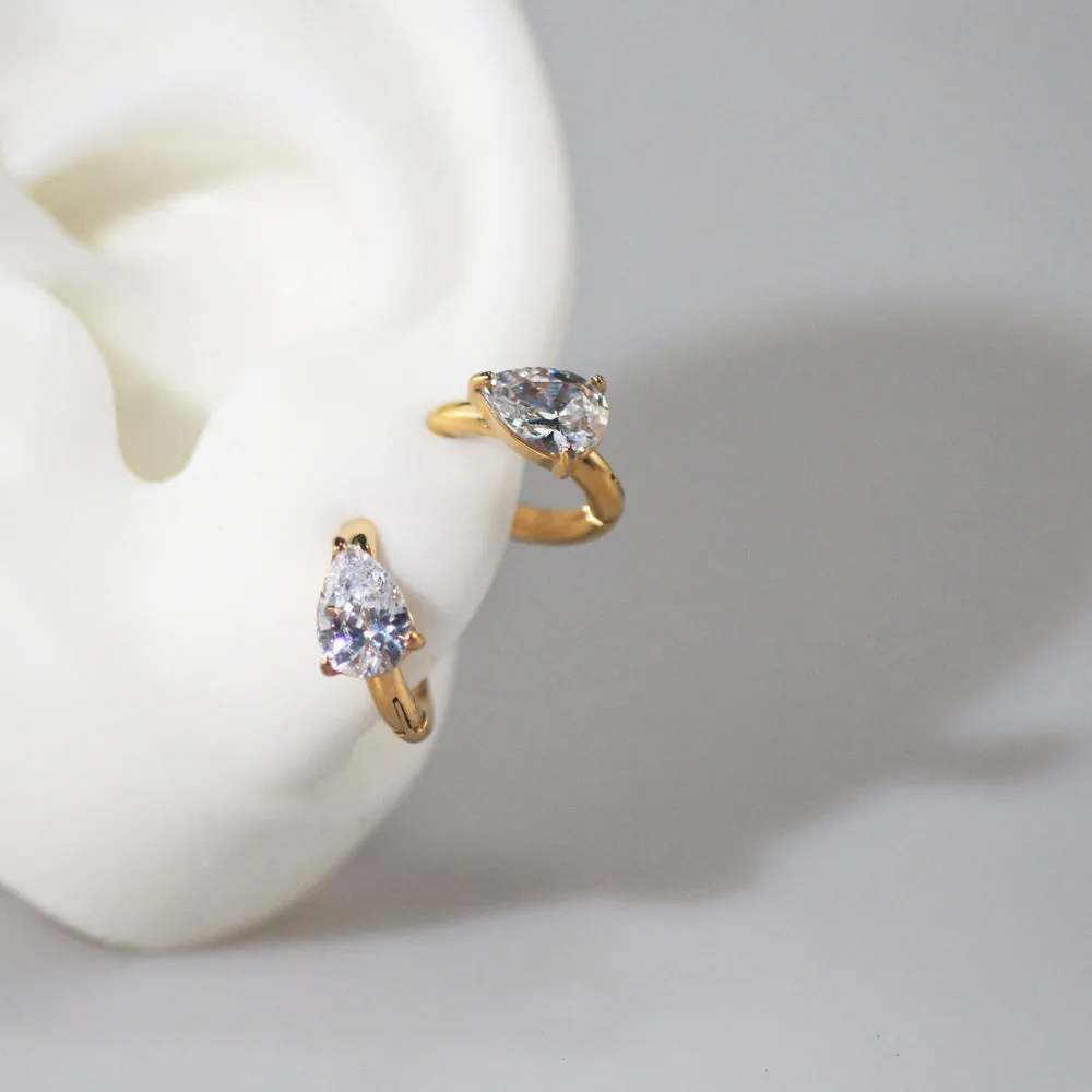 Meideya Pear CZ Huggies — Waterproof Gold Hoops