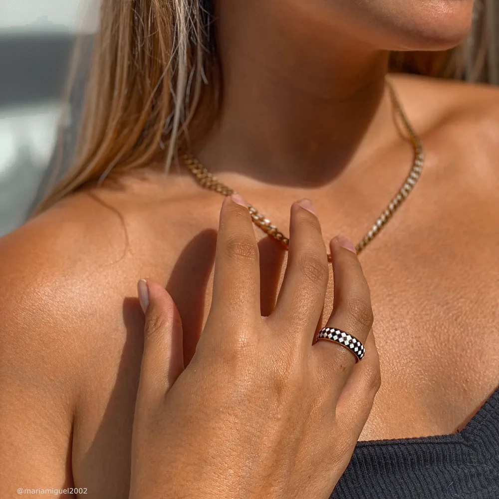 Waterproof Check Band Ring – Gold Plated Stainless Steel