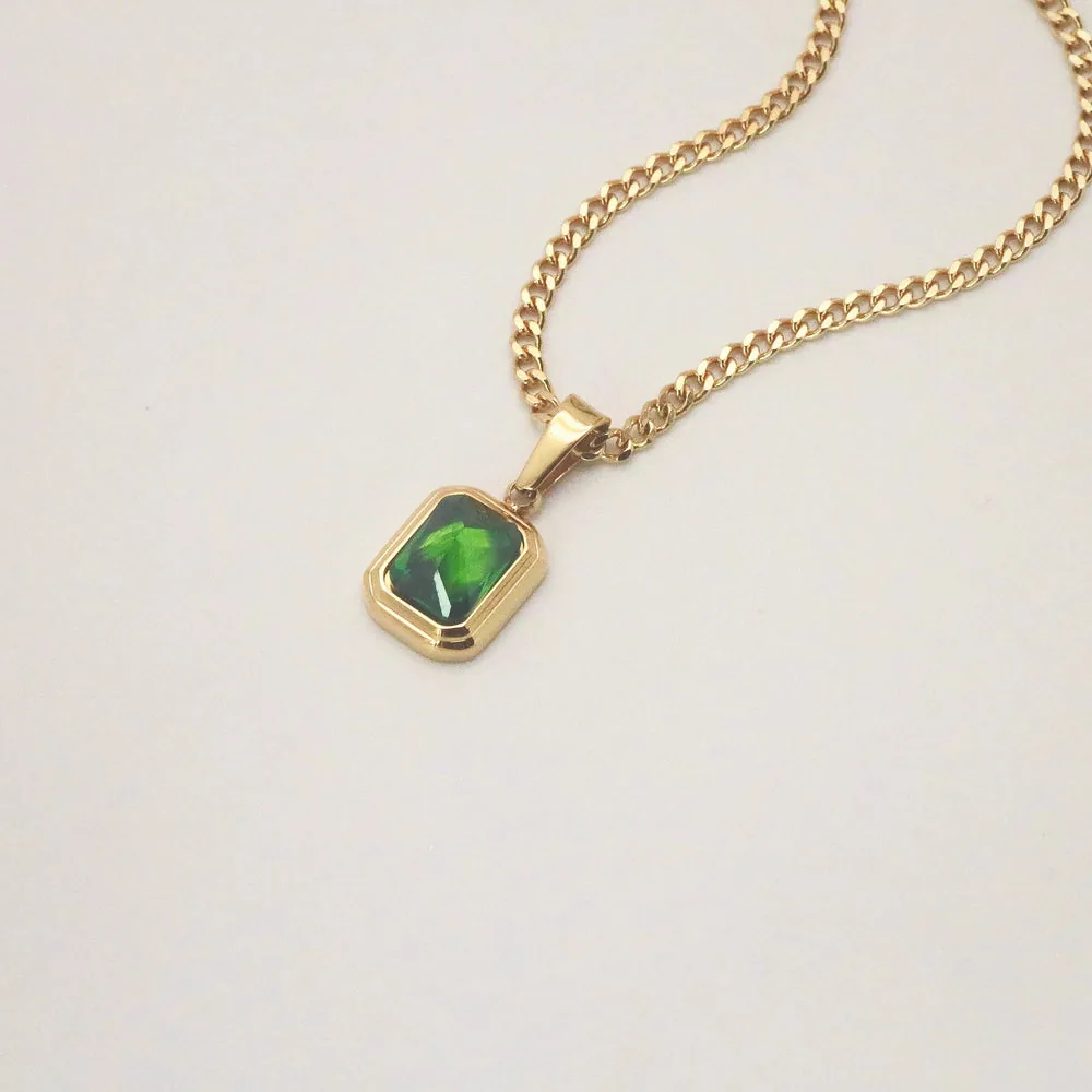 Waterproof Gold Pendant Necklace with Emerald Stone