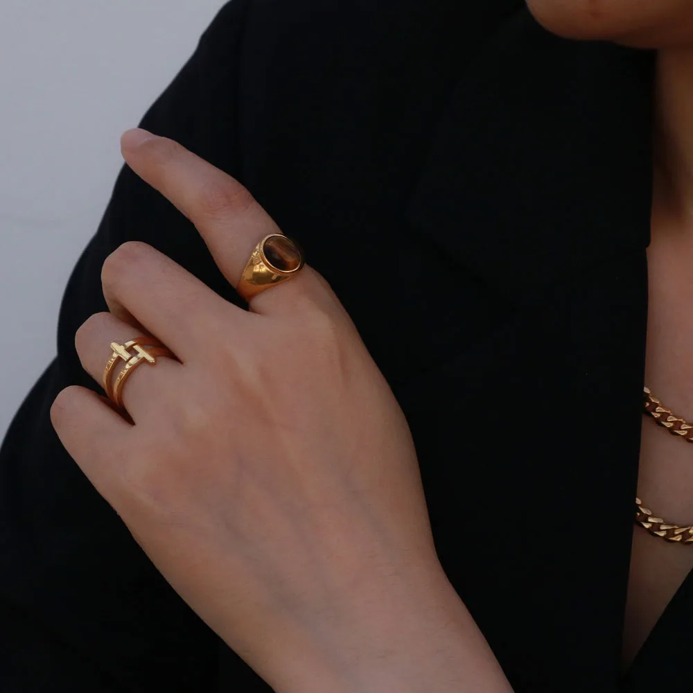 Waterproof Tiger's Eye Ring - 18k Gold Plated Stainless Steel